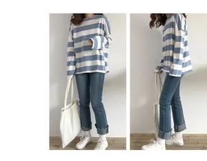 Casual dames t-shirt met lange mouwen en blauw-witte strepen in Koreaanse stijl.