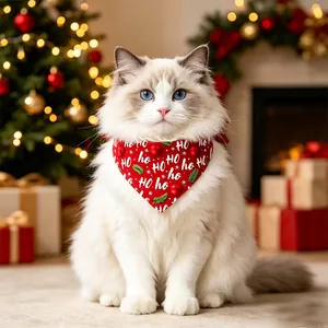 Adorable white cat wearing a red Christmas bandana with Ho Ho Ho print in a festive room