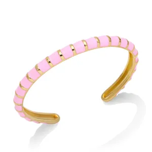 Pink enamel gold-plated cuff bracelet for women, Bohemian beach style fashion jewelry