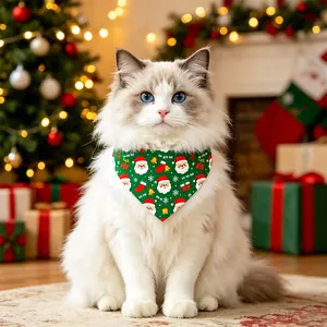 Christmas pet bandana with Santa Claus pattern worn by a fluffy cat in festive setting