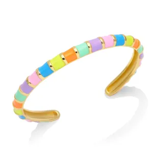 Colorful enamel rainbow bangle bracelet with bohemian gold-plated beach style cuff