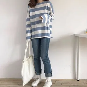 Oversized t-shirt met lange mouwen en blauw-witte strepen in casual Koreaanse stijl voor dames