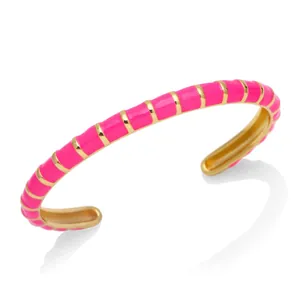 Vibrant hot pink enamel bamboo segmented cuff bracelet with gold plating for women