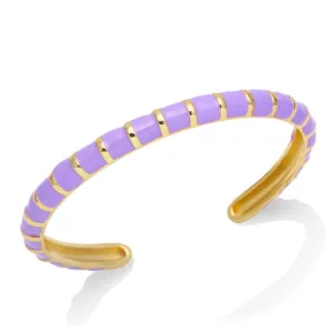 Bohemian style gold-plated cuff bracelet featuring segments of lavender purple enamel