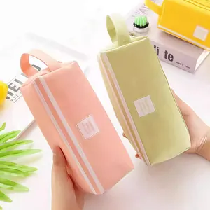Large capacity canvas double layer pencil case with handle in pastel pink and green