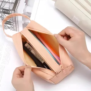 Large capacity double-layer pink canvas pencil case for school students and office use