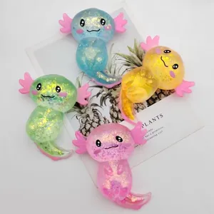 Set mit vier bunten Glitzer-Axolotl-Squishy-Spielzeugen zum Stressabbau und Spaß