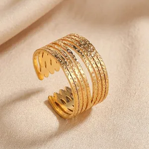 Geometric Lines Stainless Steel Wide Hollow Ring For Women Gold Plated Hammered Texture Adjustable Finger Ring Jewelry