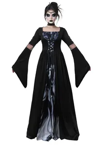 Detailed front view of a black gothic witch dress for Halloween cosplay costume