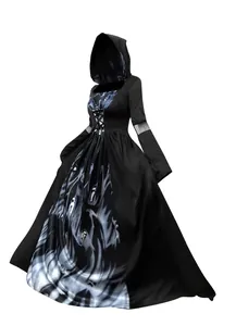 Detailed view of a hooded Halloween witch dress featuring a blue ghoul print pattern.