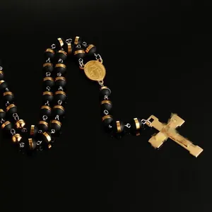 Collana rosario in acciaio inossidabile da 8 mm nero e oro con ciondolo a croce