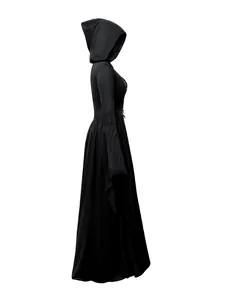 Side view of a elegant black hooded witch dress perfect for Halloween cosplay costume