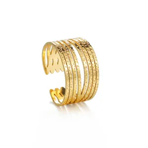 Wide geometric multi-line gold plated stainless steel open ring with hammered texture
