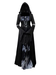 Detailed view of Halloween hooded witch dress with ghost print and lace-up bodice