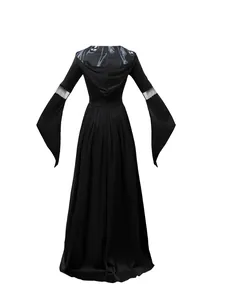 Rear view detail of black hooded Halloween witch dress featuring skeleton print accents