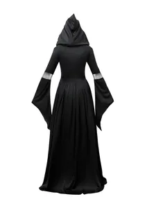 Detailed back view of a black hooded witch costume dress for Halloween cosplay stage performance