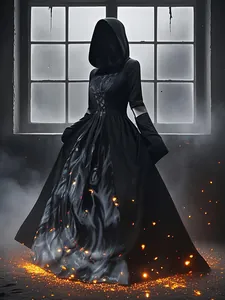 Women's Halloween Witch Dress Hooded Skull Ghost Cosplay Costume Gothic Sorceress Performance Robe Party Outfit
