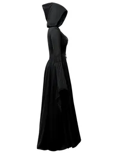 Elegant black hooded witch dress for Halloween cosplay, perfect for gothic stage performances