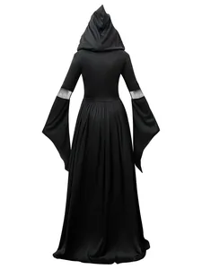 Minimalist black hooded gothic dress for Halloween sorceress cosplay costumes