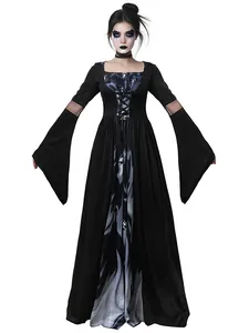 Gothic Halloween witch dress with ghost print and flared sleeves for cosplay