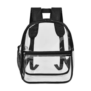Front view of transparent PVC backpack showing the front pocket and adjustable straps