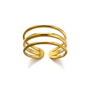 Detailed view of a minimalist triple-layer gold open ring for daily wear
