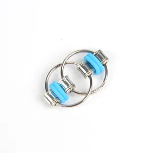 Detail view of bicycle chain fidget toy with blue silicone rings for stress relief