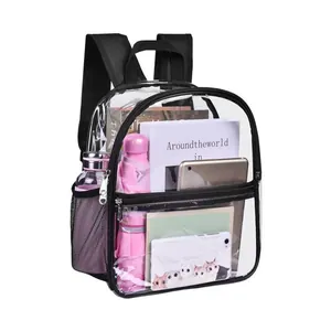 Transparent PVC backpack with black straps showing daily essentials like books and tablet
