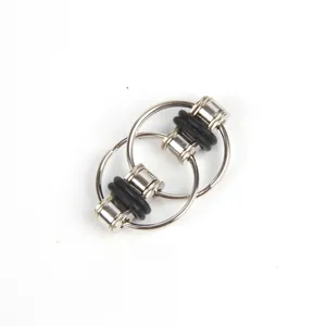 Detail view of a high-quality stainless steel bike chain fidget toy with black rubber rings