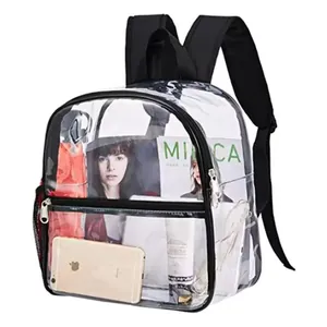 Close-up of a transparent PVC backpack showing internal storage capacity