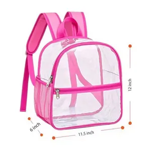 Detailed dimensions of the pink trim clear waterproof PVC backpack showing 12 inch height