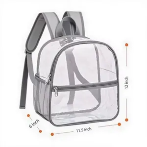 Technical dimension detail of a clear transparent PVC waterproof backpack with gray straps