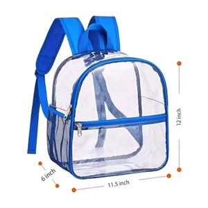 Detailed view showing measurements for transparent PVC school backpack with blue straps