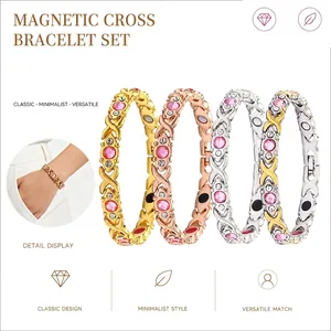 Women's Magnetic Therapy Energy Bracelet Alloy Rhinestone Cross XO Link Health Jewelry Fashion Adjustable Inlaid Bangle Gift