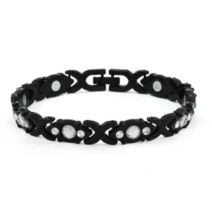 Stylish black alloy magnetic energy bracelet with clear rhinestone inlays for women