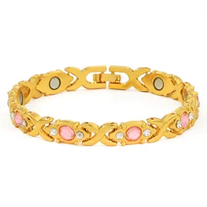 Elegant gold-plated magnetic energy bracelet with pink and white crystals for women
