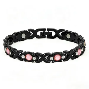 Black magnetic energy bracelet with pink stones and sparkling rhinestones for women