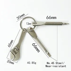 Detailansicht des Multitool-Schlüsselanhängers mit Schraubenschlüssel und Maßen.