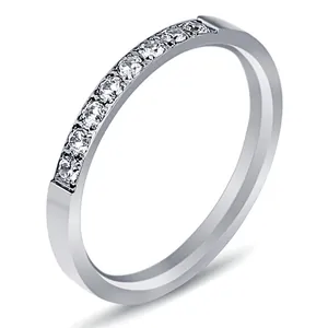 Detailed view of a 2mm stainless steel eternity ring with a single row of cubic zirconia