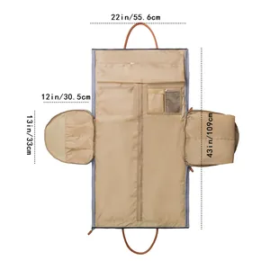 Detailliertes Innenlayout der umwandelbaren Reisetasche mit Maßen in cm und Zoll