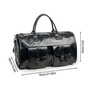 Detaillierte Maße der schwarzen 2-in-1 Leder Reisetasche und Kleidersack Kombination