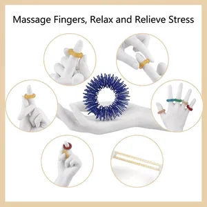Detail view of colorful spring finger massage rings showing various usage methods