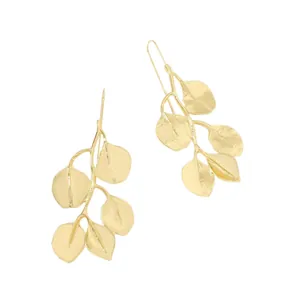 Elegant golden leaf drop earrings crafted from textured zinc alloy on white background
