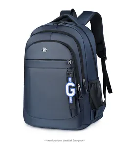 Detail view of large capacity blue Oxford cloth backpack for travel and school use