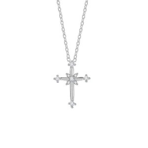 Elegant silver cross necklace featuring sparkling floral zircon stones on a white background