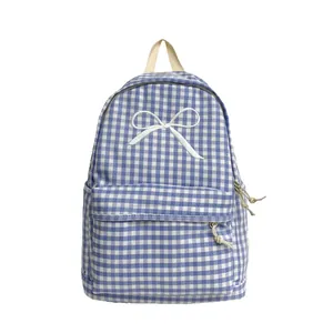 Frisse blauw-witte gingham schoolrugzak voor meisjes met wit geborduurd strikdetail