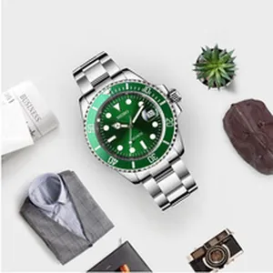 Silver stainless steel business watch with green dial and rotating bezel detail view