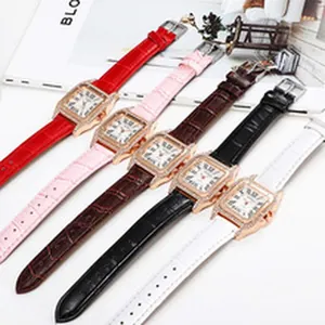Group display of square quartz watches with colorful leather straps and Roman numerals