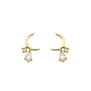 Orecchini a Bottone a Forma di Luna e Goccia in Argento Sterling S925 Placcati in Oro 14K con Strass per Donna Gioielli di Moda Eleganti