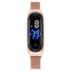 Modern rose gold digital watch featuring a mesh band and sleek black display screen